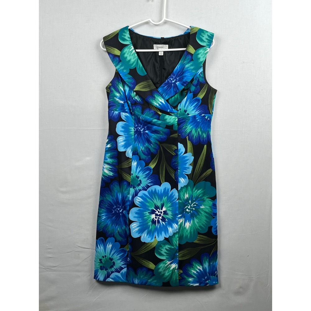 Dressbarn Floral Sheath Dress Portrait Collar Size 8 Blue Green Black Sleeveless